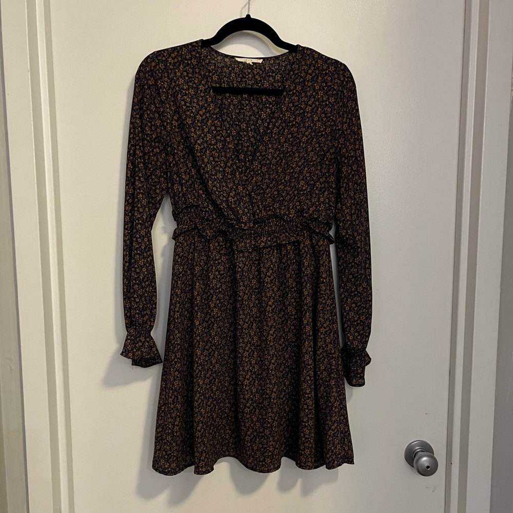 Le Los Long Sleeve Floral Print Wrap Top Dress with Ruffle Detail